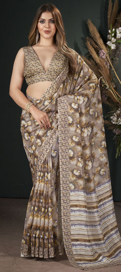 Beige and Brown color Saree in Art Silk fabric with Digital Print, Floral, Sequence, Weaving work