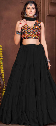 Black and Grey color Lehenga in Crepe Silk fabric with Embroidered, Thread work