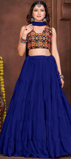 Blue color Lehenga in Crepe Silk fabric with Embroidered, Thread work