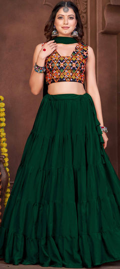 Green color Lehenga in Crepe Silk fabric with Embroidered, Thread work