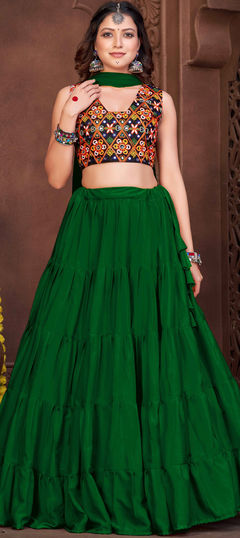 Green color Lehenga in Crepe Silk fabric with Embroidered, Thread work