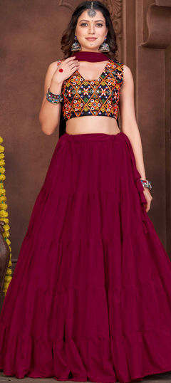 Red and Maroon color Lehenga in Crepe Silk fabric with Embroidered, Thread work