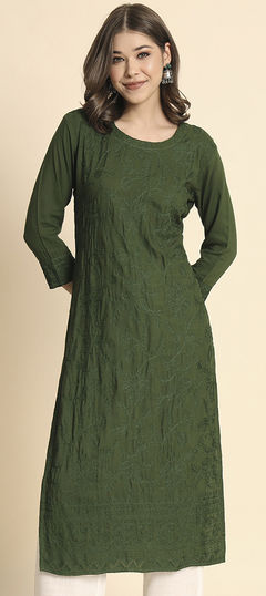 Green color Kurti in Rayon fabric with Embroidered, Resham, Thread work