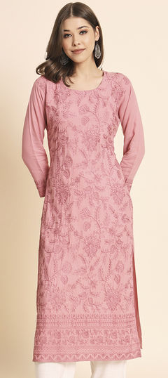 Pink and Majenta color Kurti in Rayon fabric with Embroidered, Resham, Thread work