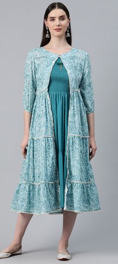 Blue color Kurti in Cotton fabric with Lace, Printed work