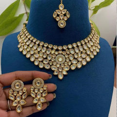 Gold Rodium Polish White and Off White color Necklace in Metal Alloy studded with CZ Diamond