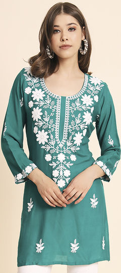 Green color Kurti in Rayon fabric with Embroidered, Resham, Thread work