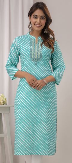 Festive, Summer Green color Kurti in Cotton fabric with Long Sleeve, Straight Embroidered, Lehariya, Printed, Resham, Thread work : 1891686