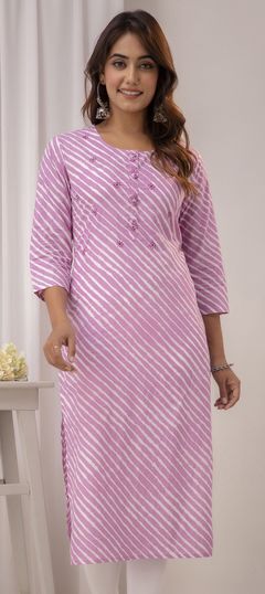 Purple and Violet color Kurti in Cotton fabric with Embroidered, Lehariya, Printed, Resham, Thread work