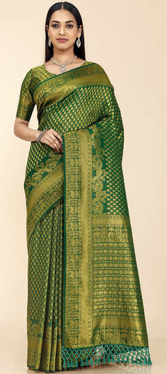 Green color Saree in Kanjeevaram Silk fabric with Weaving work