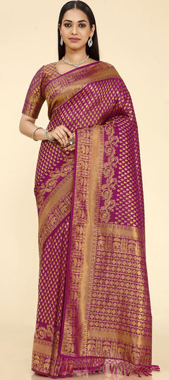 Purple and Violet color Saree in Kanjeevaram Silk fabric with Weaving work