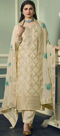 Beige and Brown color Salwar Kameez in Viscose fabric with Embroidered, Sequence, Thread work