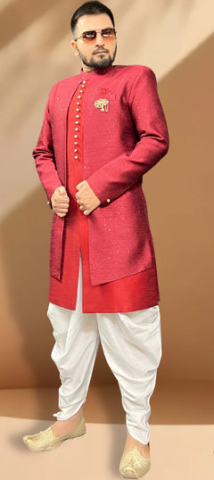 Red and Maroon color IndoWestern Dress in Silk fabric with Embroidered, Resham, Sequence, Thread work