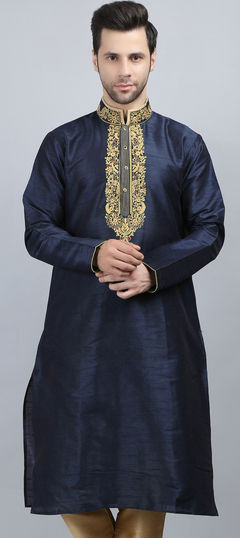 Blue color Kurta in Dupion Silk fabric with Thread work