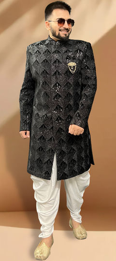 Black and Grey color IndoWestern Dress in Velvet fabric with Embroidered, Resham, Sequence, Thread work