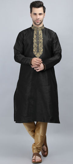 Black and Grey color Kurta Pyjamas in Dupion Silk fabric with Embroidered, Thread work