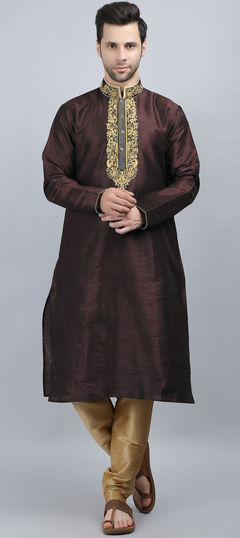 Purple and Violet color Kurta Pyjamas in Dupion Silk fabric with Embroidered, Thread work