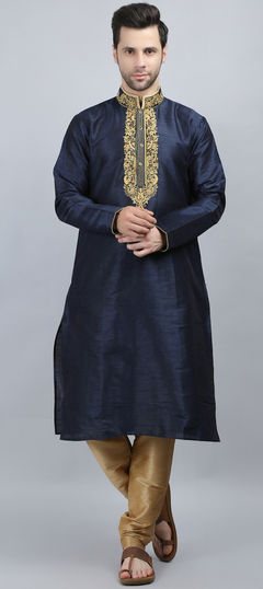 Blue color Kurta Pyjamas in Dupion Silk fabric with Embroidered, Thread work