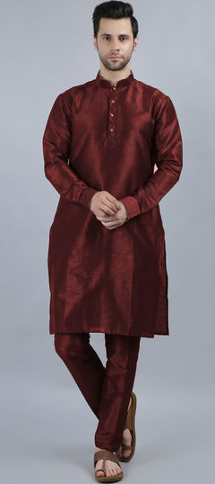 Red and Maroon color Kurta Pyjamas in Dupion Silk fabric with Thread work