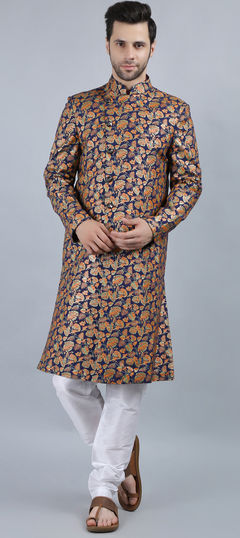 Blue color Kurta Pyjama with Jacket in Cotton fabric with Printed work