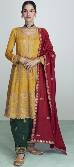 Yellow color Salwar Kameez in Art Silk fabric with Embroidered, Sequence, Thread, Zari work