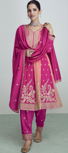 Pink and Majenta color Salwar Kameez in Art Silk fabric with Embroidered, Sequence, Thread, Zari work