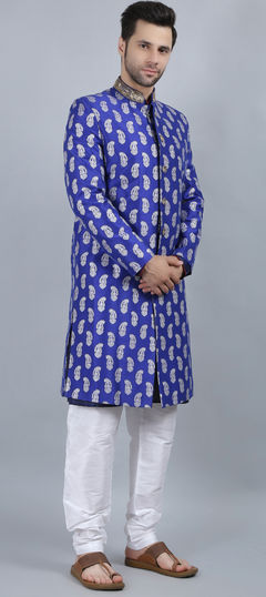 Blue color Kurta Pyjama with Jacket in Dupion Silk fabric with Printed work