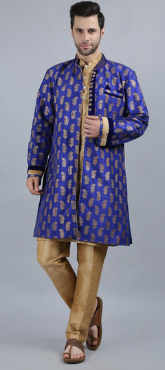 Gold color Kurta Pyjama with Jacket in Dupion Silk fabric with Printed work