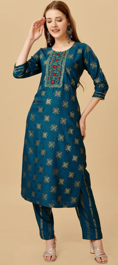 Blue color Salwar Kameez in Rayon fabric with Embroidered, Resham, Thread work