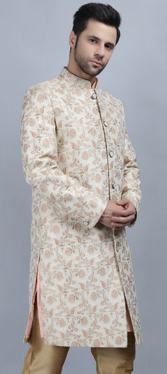 White and Off White color Nehru Jacket in Banarasi Silk fabric with Printed work