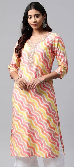 Multicolor color Kurti in Muslin fabric with Lehariya, Printed, Resham, Thread work