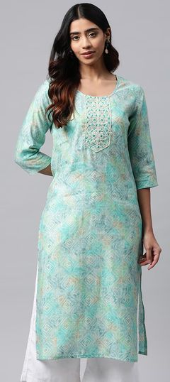 Green color Kurti in Muslin fabric with Bandhej, Printed, Resham, Thread, Zari work