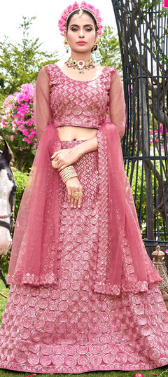 Pink and Majenta color Lehenga in Net fabric with Sequence work