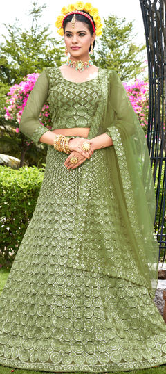 Green color Lehenga in Net fabric with Sequence work