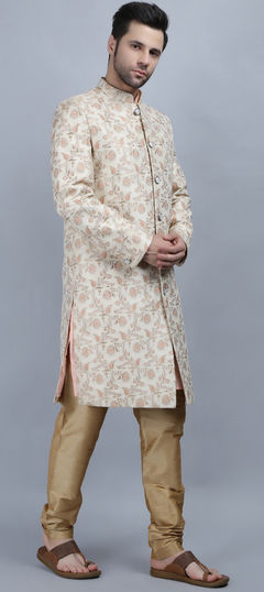 White and Off White color Sherwani in Banarasi Silk fabric with Printed work