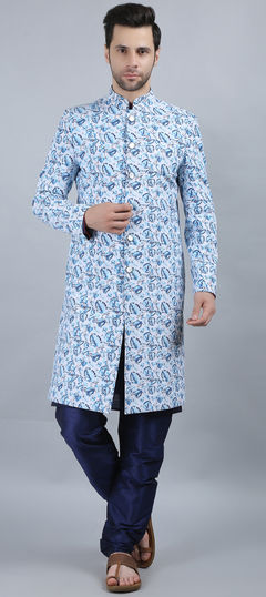 White and Off White color Sherwani in Cotton fabric with Printed work