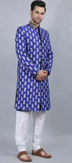 Blue color Sherwani in Dupion Silk fabric with Printed work