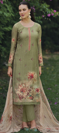 Green color Salwar Kameez in Muslin fabric with Digital Print, Embroidered, Thread work