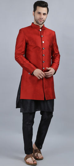 Red and Maroon color IndoWestern Dress in Banarasi Silk fabric with Printed work