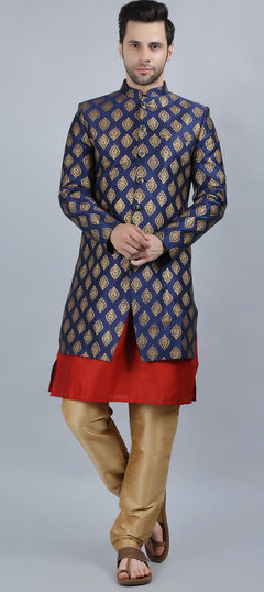 Blue color IndoWestern Dress in Dupion Silk fabric with Printed work