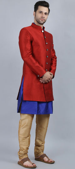 Red and Maroon color IndoWestern Dress in Banarasi Silk fabric with Printed work