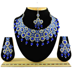 Silver Rodium Polish Blue color Necklace in Metal Alloy studded with Austrian diamond, Pearl