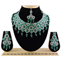Silver Rodium Polish Green color Necklace in Metal Alloy studded with Austrian diamond, Pearl