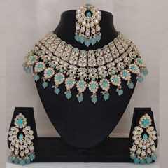 Gold Rodium Polish Blue color Necklace in Metal Alloy studded with CZ Diamond