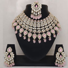 Gold Rodium Polish Pink and Majenta color Necklace in Metal Alloy studded with CZ Diamond