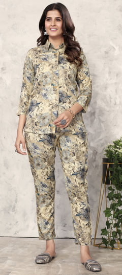 Beige and Brown, Black and Grey color Co-ords Set in Rayon fabric with Floral, Printed work