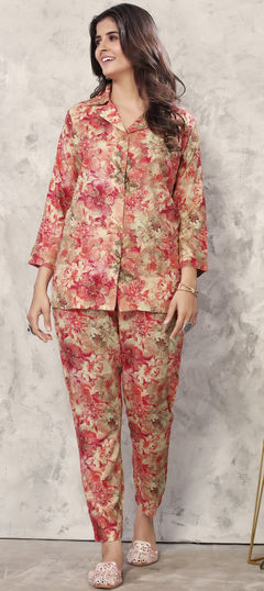 Beige and Brown, Red and Maroon color Co-ords Set in Rayon fabric with Floral, Printed work