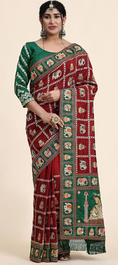 Red and Maroon color Saree in Art Silk, Silk fabric with Embroidered, Stone, Thread work