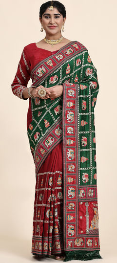 Red and Maroon color Saree in Art Silk, Silk fabric with Embroidered, Stone, Thread work