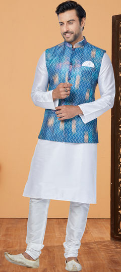 White and Off White color Kurta Pyjama with Jacket in Dupion Silk fabric with Embroidered work